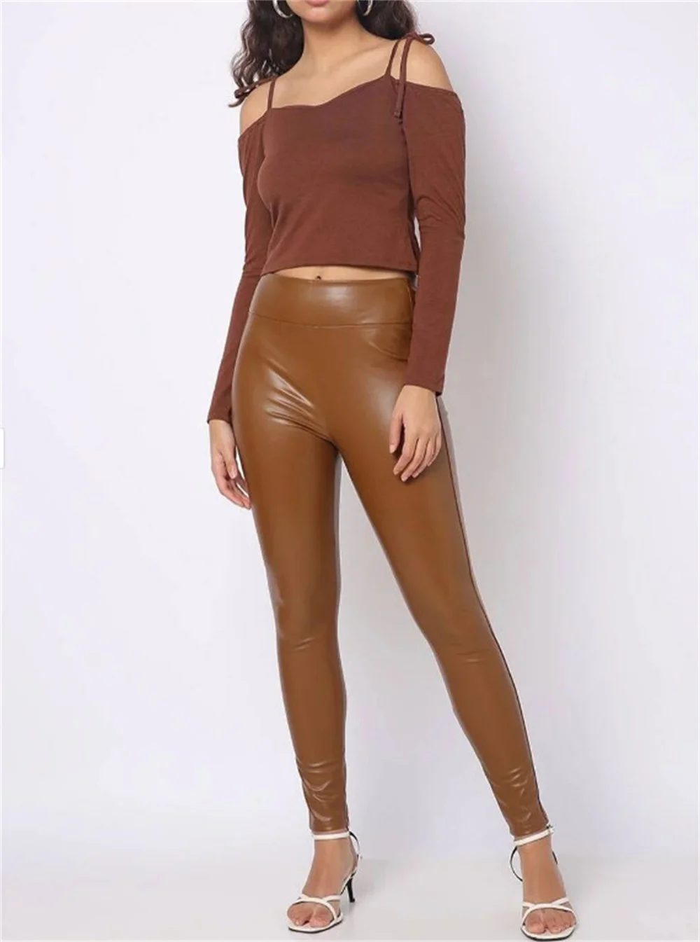 

Коричневые леггинсы из искусственной кожи, черные блестящие леггинсы из экокожи с высокой талией, эластичные обтягивающие кожаные брюки с высокой талией, размеры от XXXS до XL