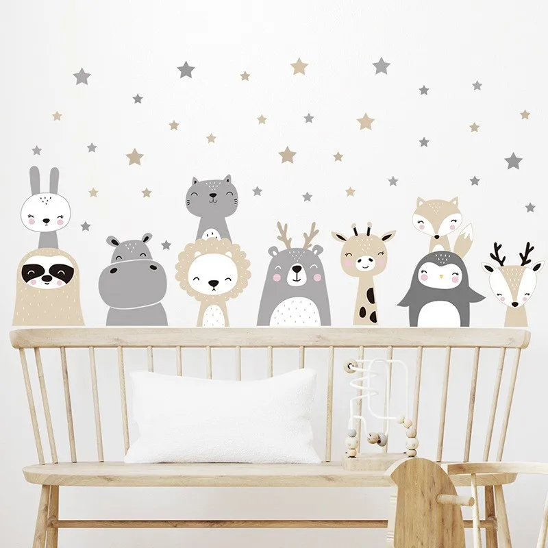 1Pc Cartoon Cute Lion Bunny Forest Animals Stars Wall Stickers for Waterproof PVC Kids Room Kindergarten Home Decoration