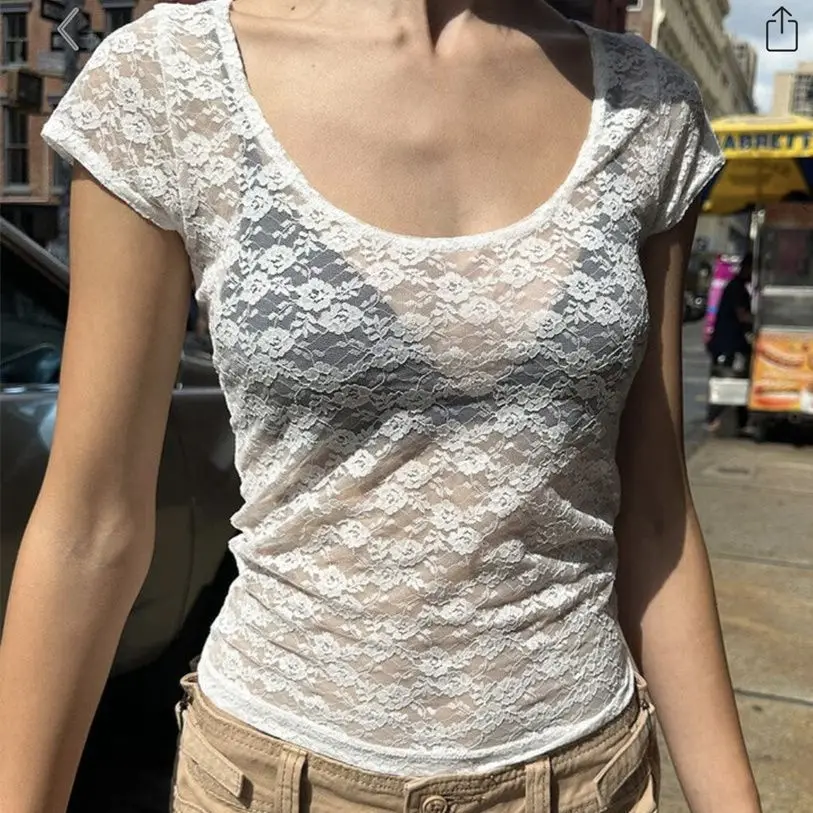 

White See-through Lace Top Slim Fit T-shirt Flower Crochet Women Thin Summer Fashion Shirt Cuteore Y2K Black Tee Shirt Female