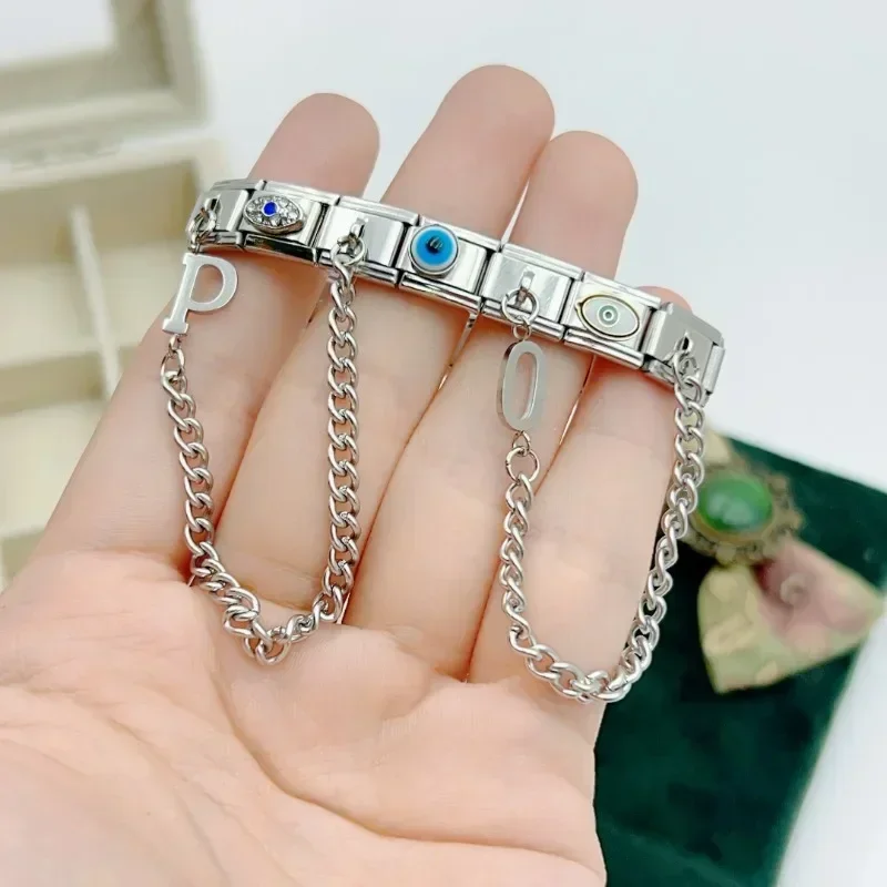 CONCEPT Fashion Chain Letter Elastic Charm Italian Links Fit 9mm Stainless Steel Modular Bracelet Making Women DIY Jewelry