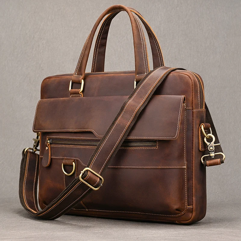 Vintage New Designer Leather men business briefcase bag cowskin laptop bag for men male 14
