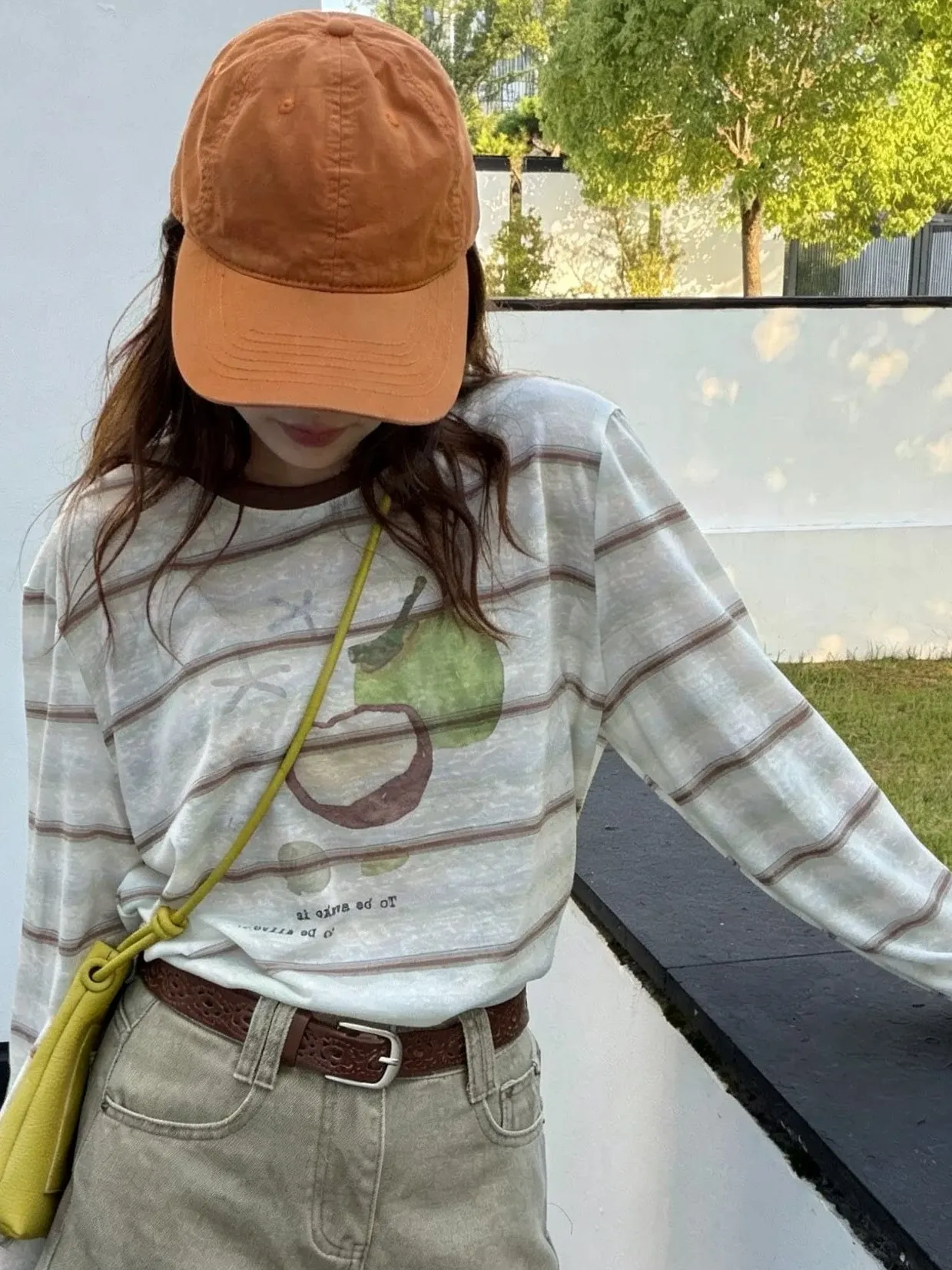 Thai Princess Style Color Block Striped T-Shirt Loose Fit Printed See through UV Protection Early Autumn Top Korean Style Cot...