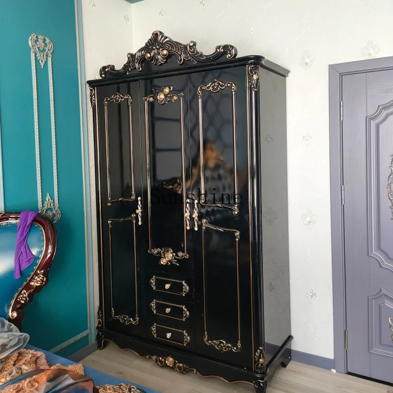 

European double door solid wood wardrobe storage black baking paint bright paint