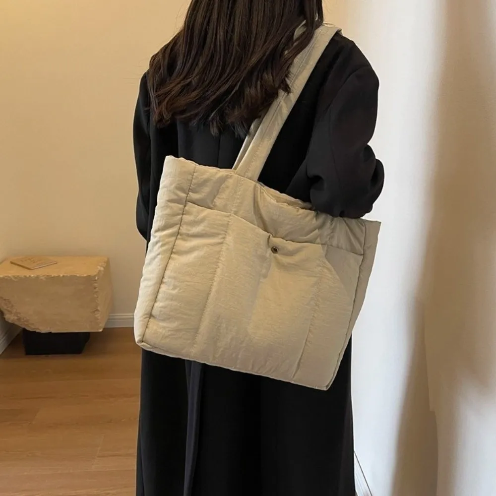

Solid Color Lady Laptop Handbags Large Capacity Soft Cotton Puffer Shoulder Bag Top Handle Fashion Women Cloud Tote Bag