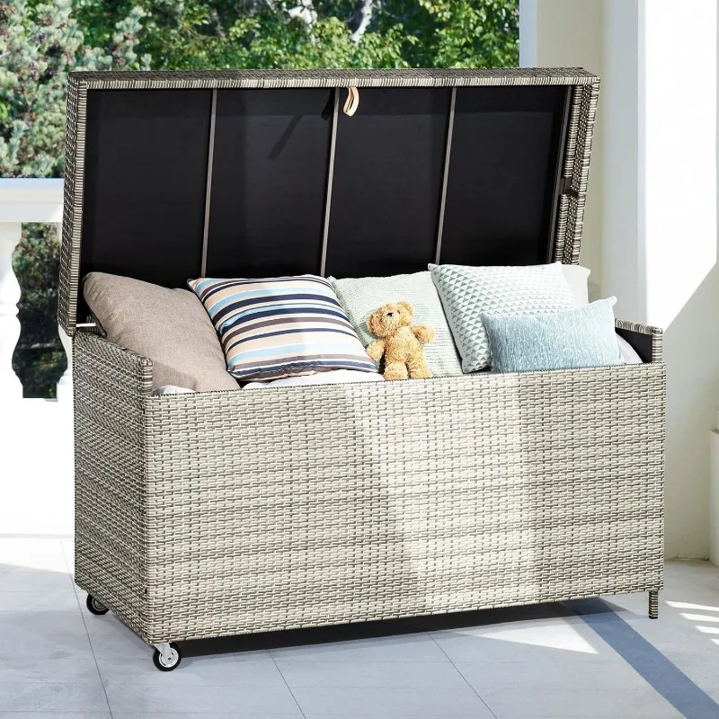 200 Gallon Outdoor Wicker Storage Box, UV & Weather-Resistant, Soft-Close Hinge, High-Capacity Patio Deck Box for Cushions