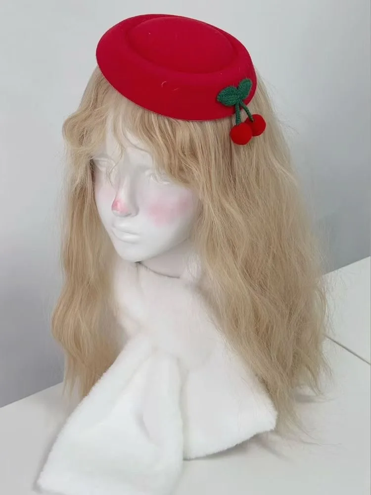 Retro Elegant Small Red Hat With Cherry Hair Clip Lady Party Hair Clip Lolita Subculture Janpanese Style Hairpin for Girl
