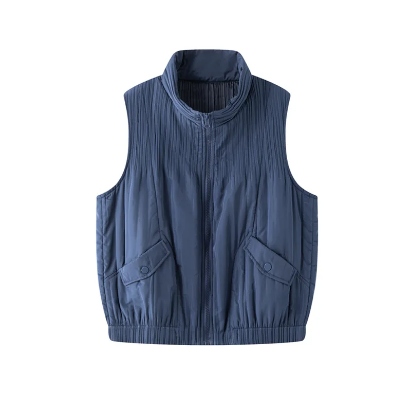 سترة نسائية شتوية مطوية موضة مزاجه بسيطة بلون سادة بدون أكمام سترات لخريف وشتاء 2025 قطع علوية فضفاضة جديدة متعددة الاستخدامات