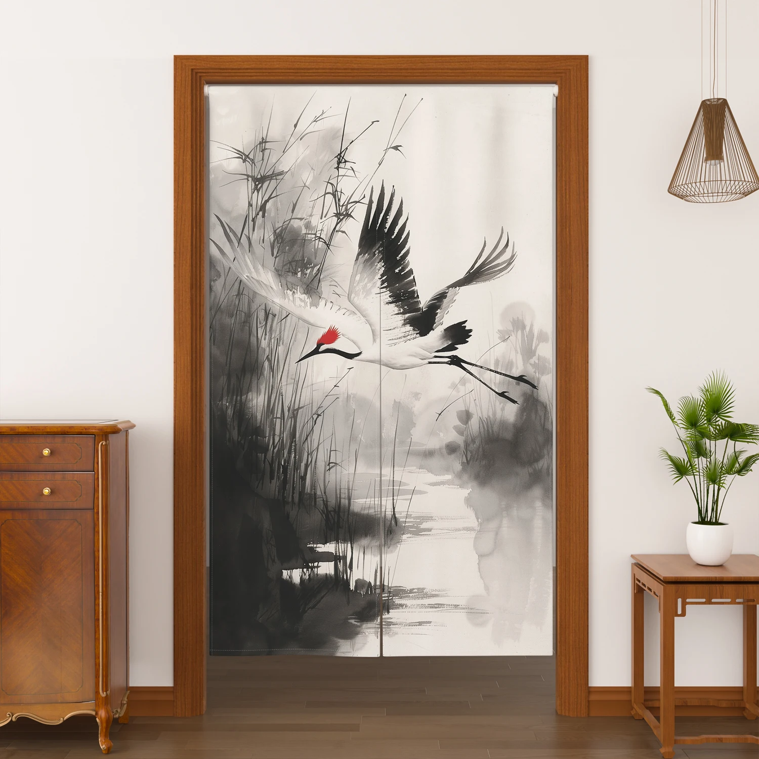 Chinese Style Noren Door Curtains Crane Landscape Mountain Pine Tree Linen Doorway Curtains Kitchen Entrance Split Half Curtains