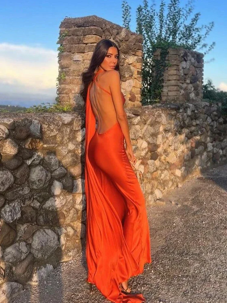 ผู้หญิงซาตินริบบิ้น Halter ชุดราตรีผู้หญิง Elegant Backless ปิดไหล่ชุดยาวแขนกุดแฟชั่น Lady Robes