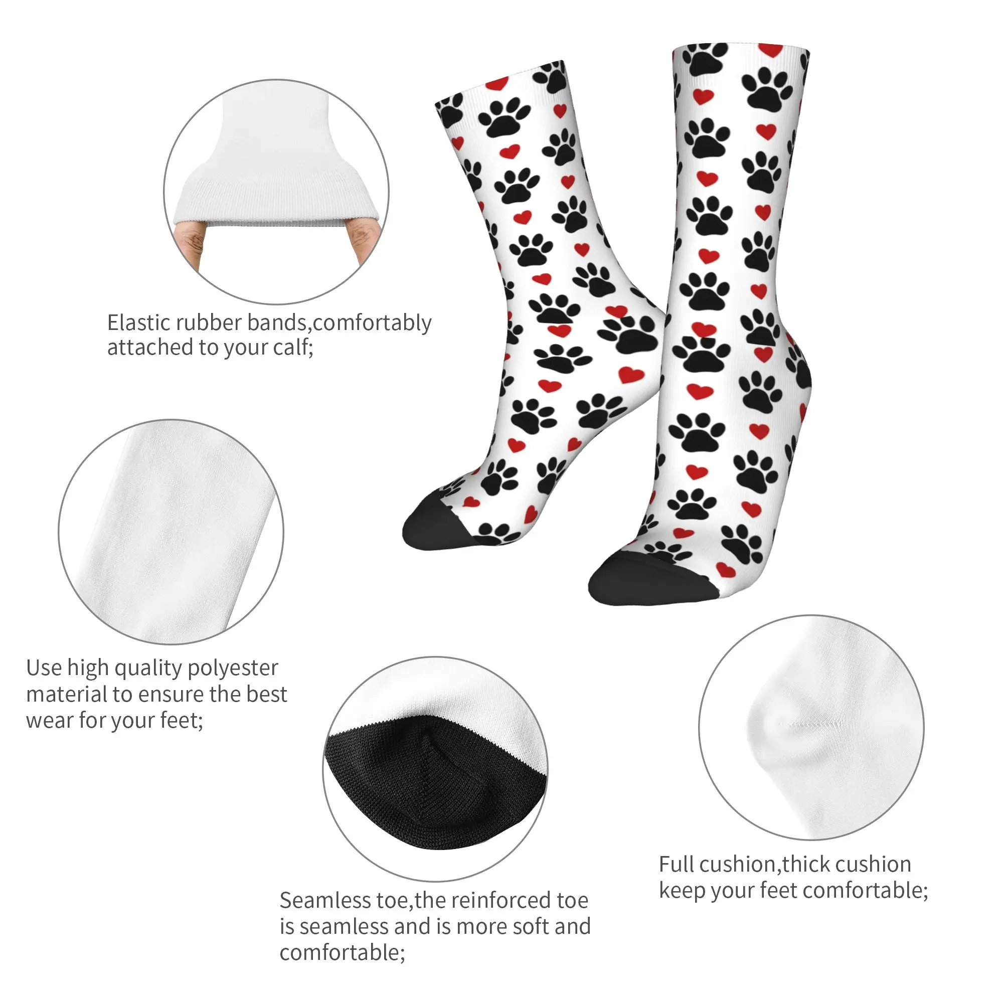 Custom Funny Mens Pattern Of Dog Paw Dress Socks Unisex Warm Comfortable 3D Print Black Paws Red Hearts Crew Socks