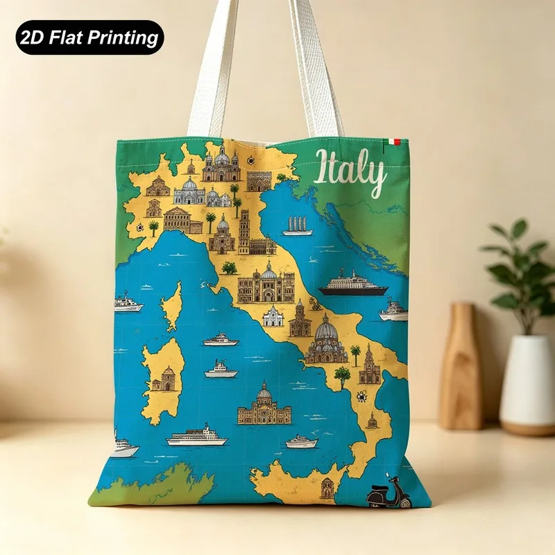 Vintage Italian Map And Architecture Print Tote Bag Large Capacity Casual Style Womens Bag Tote Bag Traveling Bag Shoulder Bag