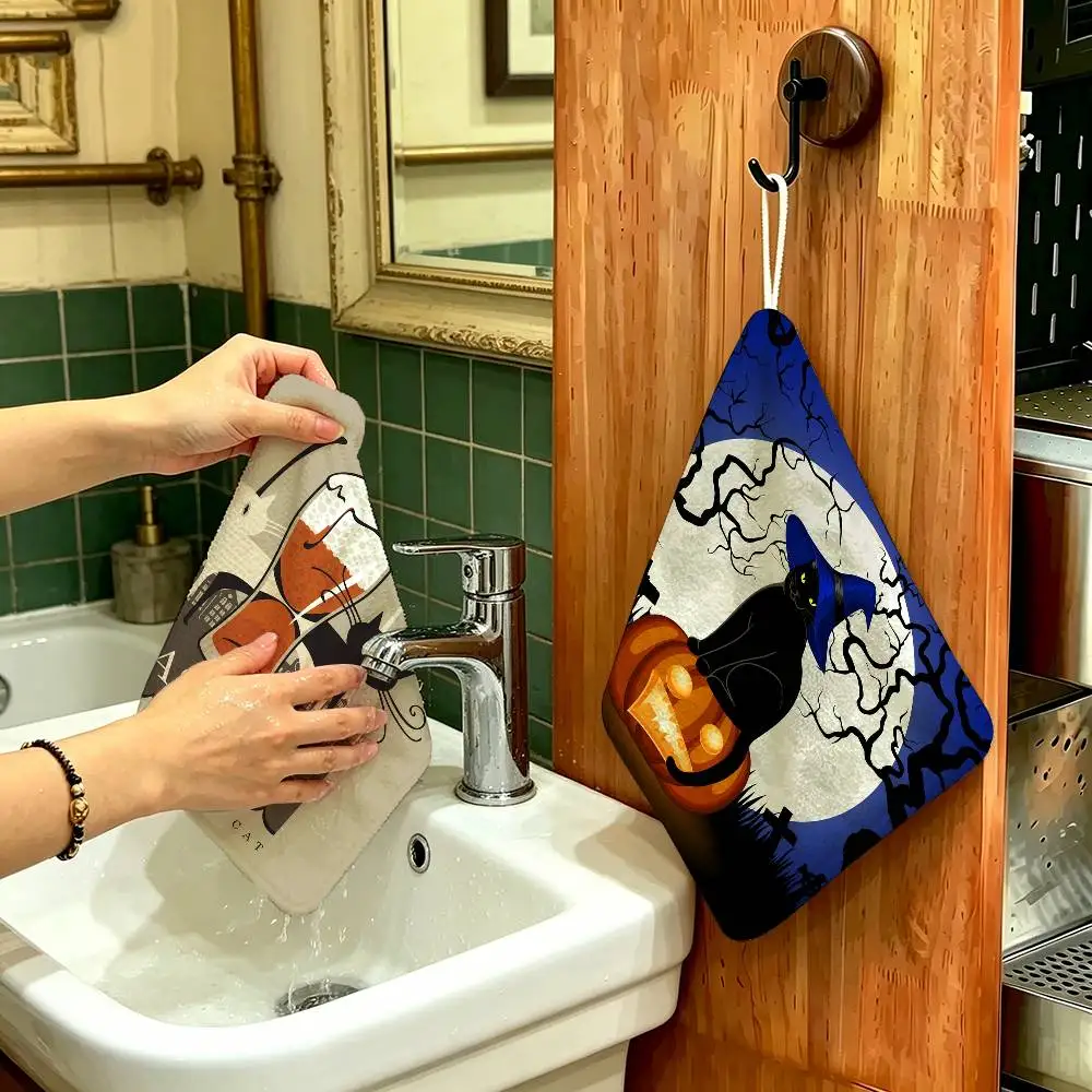 Black cat Multi-scene Polyester Cotton Towel, Hanging Hand Wiping Cloth for Kitchen Bathroom Hotel