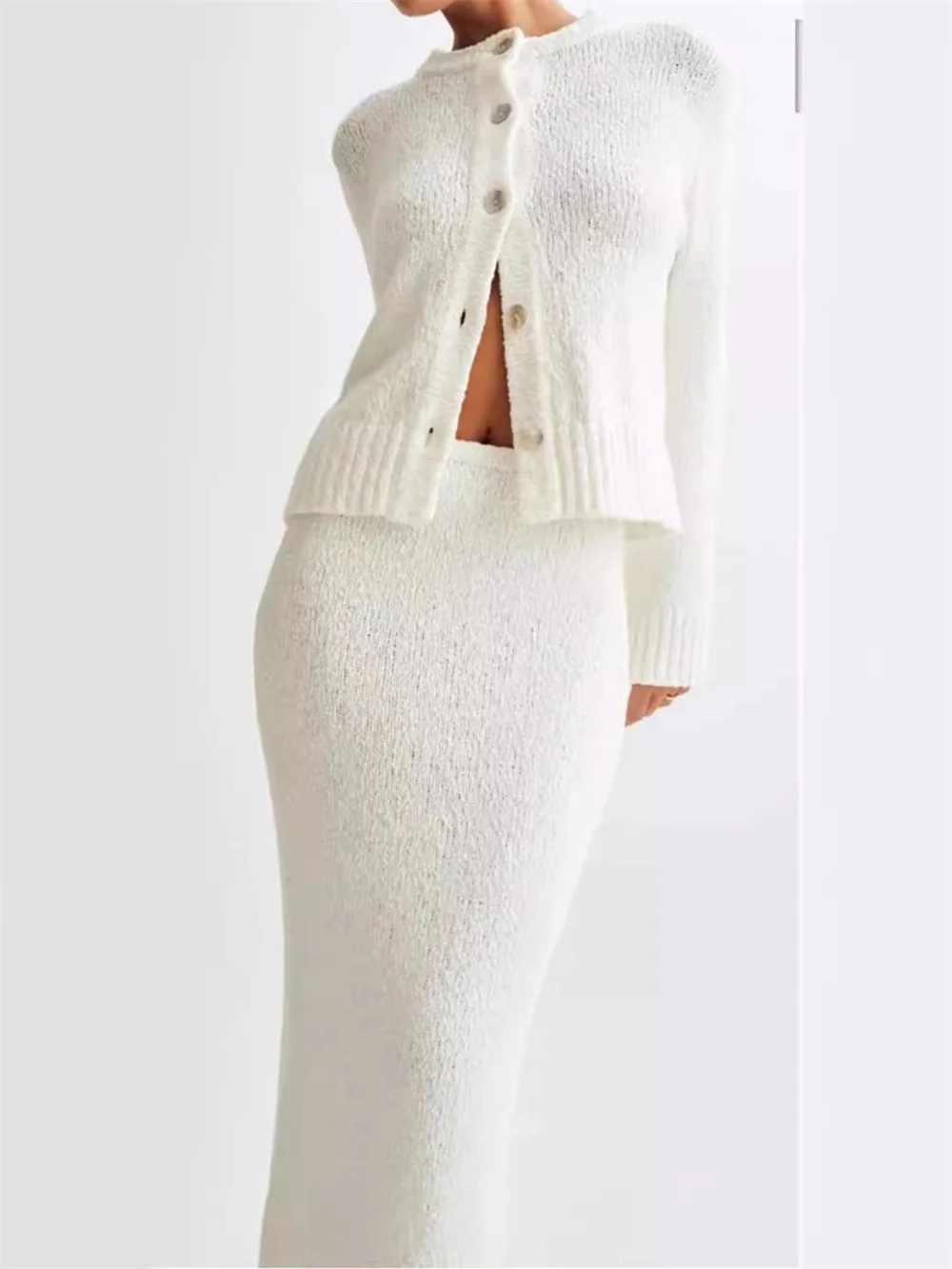 Elegant White Knitted Cardigan Maxi Skirt Set for Women 2024 New Long Sleeve Single Breasted Tops and High Waist Long Skirt Suit