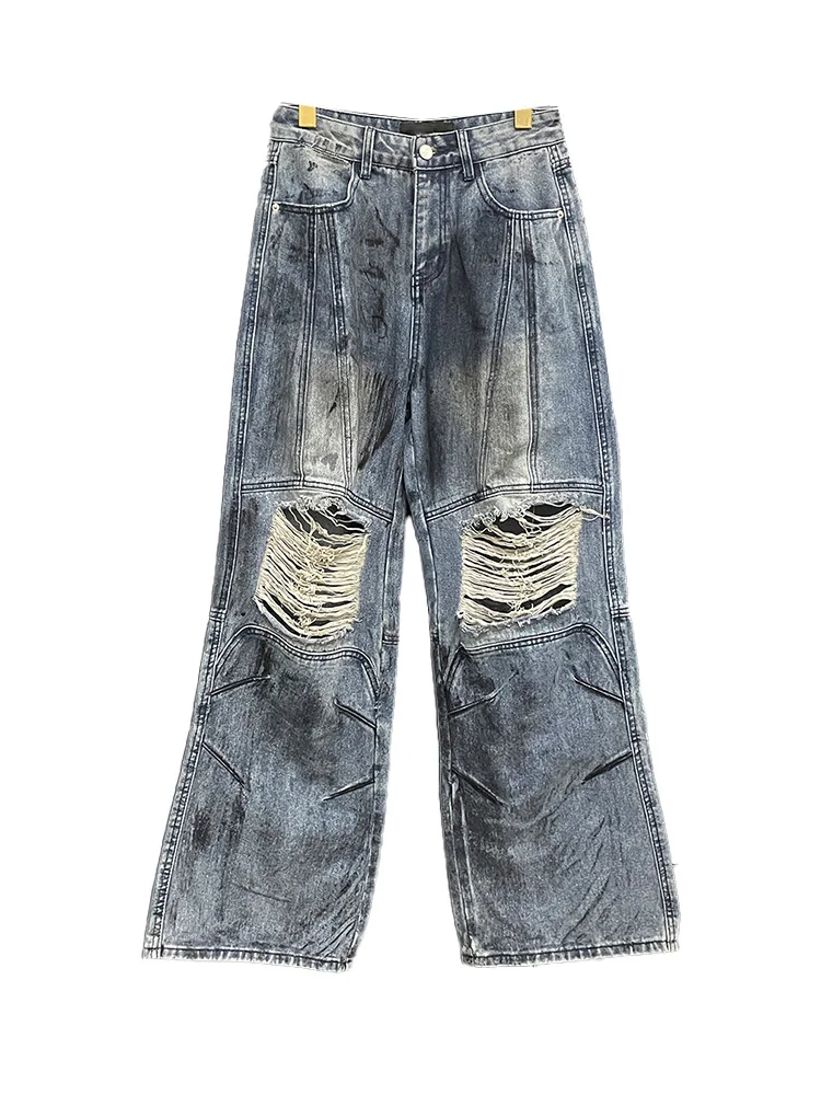 Design Vintage Distressed Washed Jeans Ripped Thin Wide-Leg Pants for Men and Women