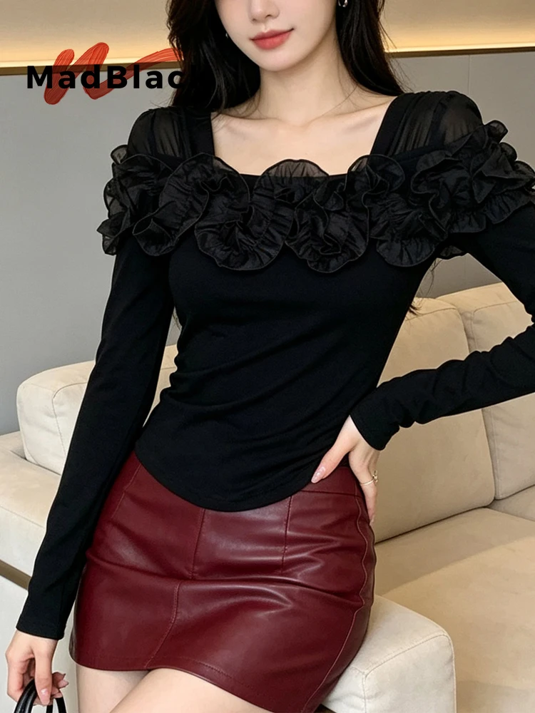 MadBlack-Women European T-Shirt, Sexy Square Collar 3D Floral, Hotsweet Long Sleeve Slim M-3XL Knit Tee, 2026 Autumn T69503CC
