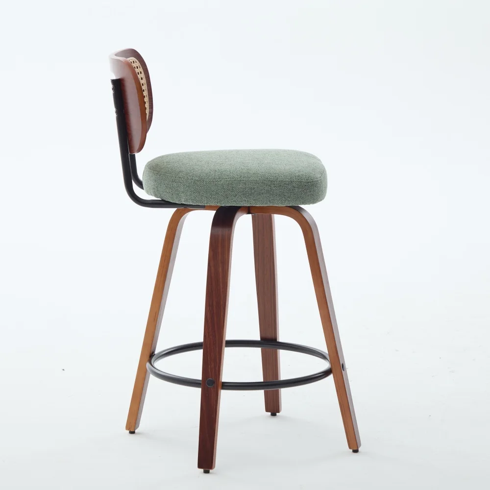 Conjunto de 3 Banquetas de Bar de 26 Polegadas: Nogueira Preta, Encosto de Palha, Assento Verde, Giratórias SW3766OL