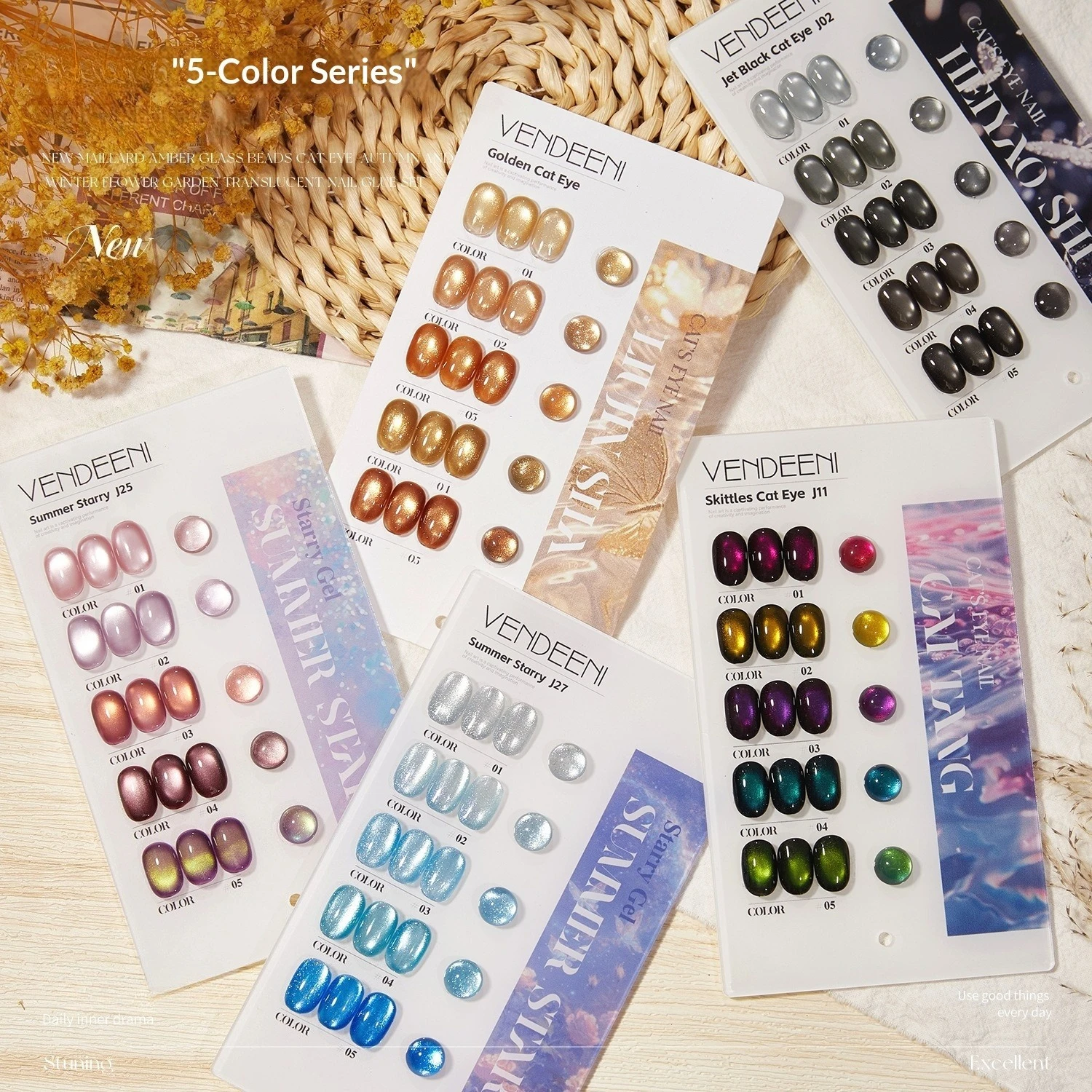 

Vendeeni 5-цветный кристаллический гель-лак для ногтей «кошачий глаз» 15 мл Фиолетовые стеклянные бусины Сверкающий гель УФ-светодиодный салон Быстросохнущий Долговечный