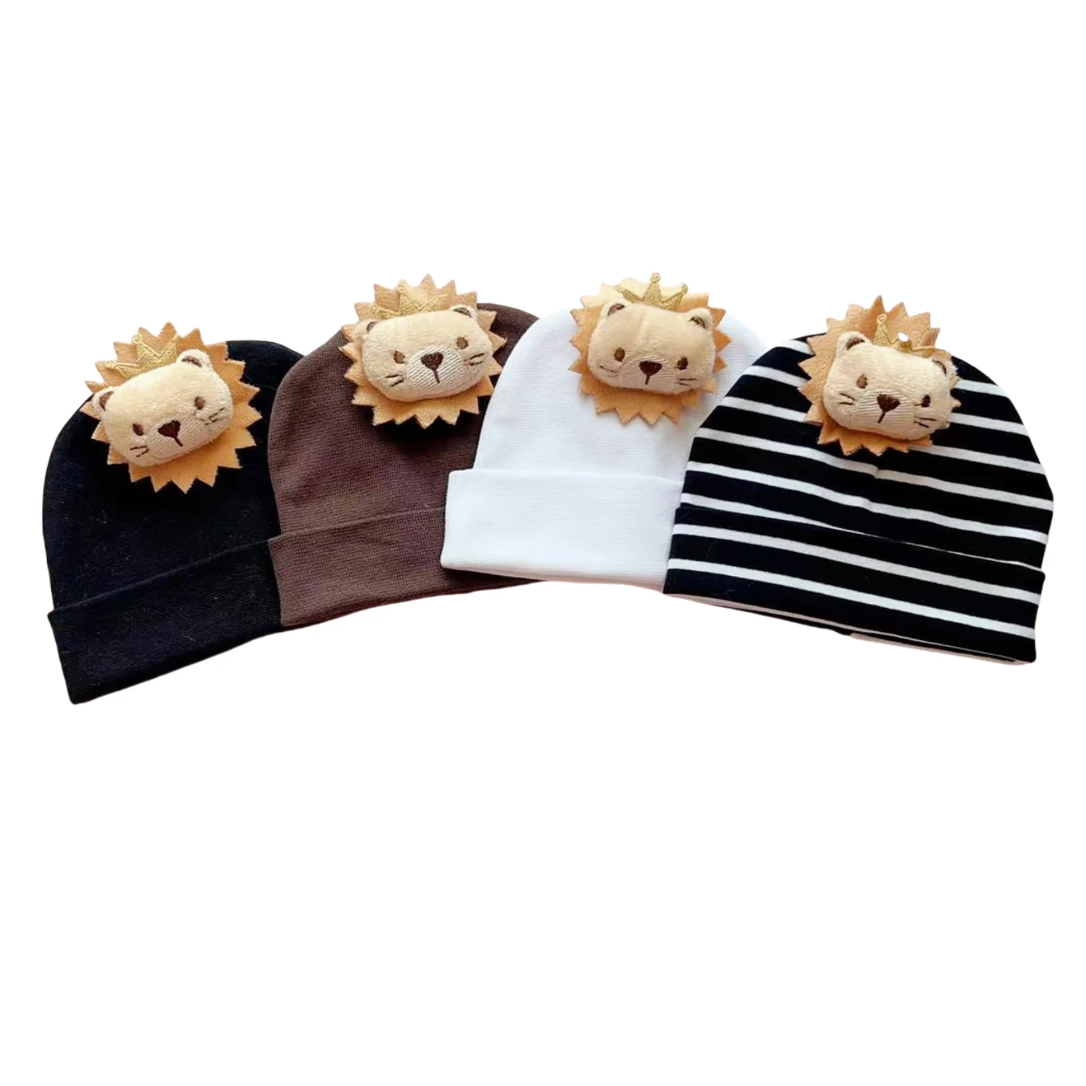 Solid Cotton Baby Turban India Hats Newborn Boys Girls Autumn Winter Beanies Bonnet with Handmade Cartoon Lion Kids Headwraps