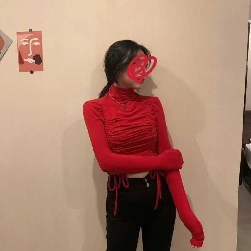 

Весенние футболки женские, водолазка в корейском стиле, винтажные гофрированные сексуальные модные укороченные топы с длинными рукавами, элегантные универсальные шикарные обтягивающие топы