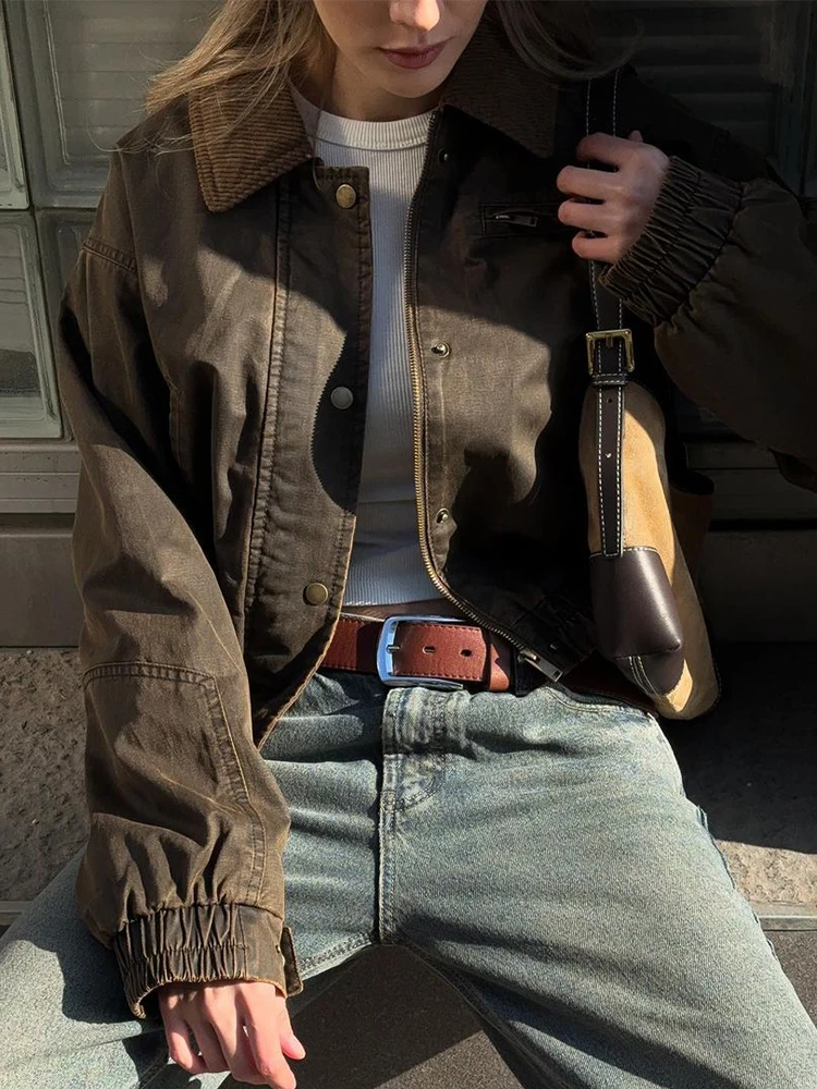 

Women Retro Solid Single Button Zipper Jacket Elastic Waist Lapel Long Sleeve Pocket Cropped Coat 2025 New Casual Street Outwear