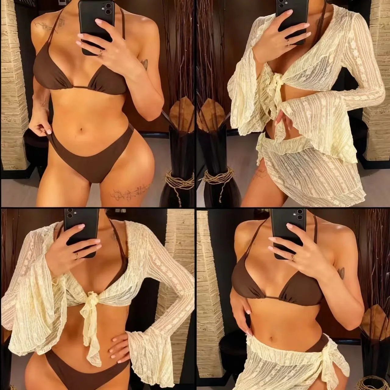 Costume da bagno vintage da donna manica lunga con volant gonna copricostume 4 pezzi bikini set 2026 costume da bagno push up da spiaggia costume da bagno a vita alta