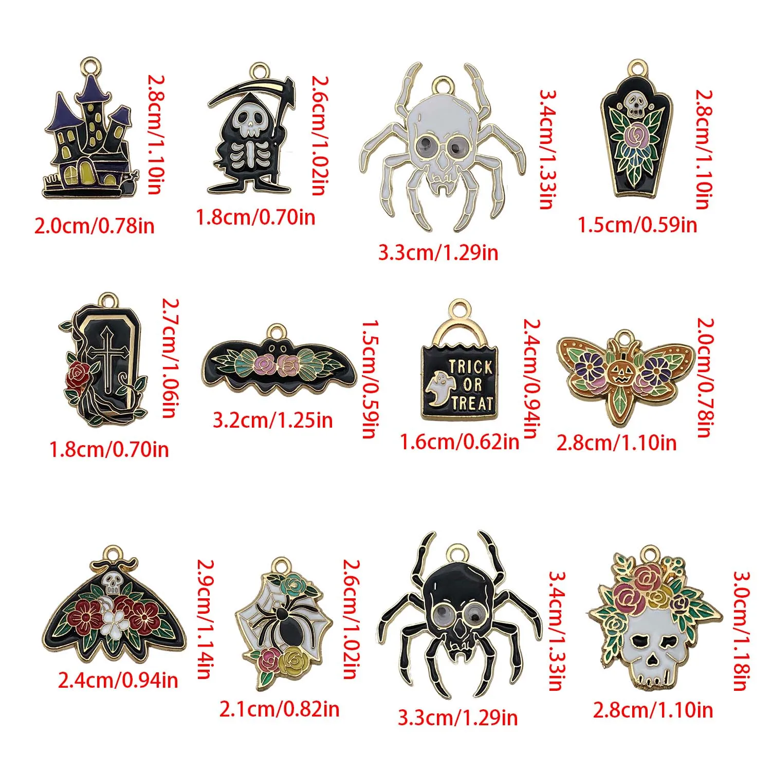 10/12pcs Gothic Halloween Decoration Charms Alloy Skull Moth, Tombstone, Spider Pendants for DIY Jewelry Making Accessories
