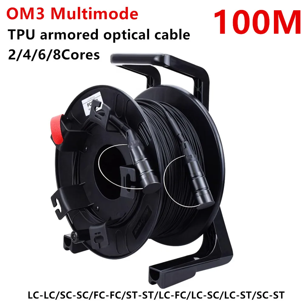 TPU Armored Optical Cable,OM3 Multimode, 2/4/6/8 Cores,Flexible Fiber Optic Jumper,With Drum PCD235,With Protective Cover,100m