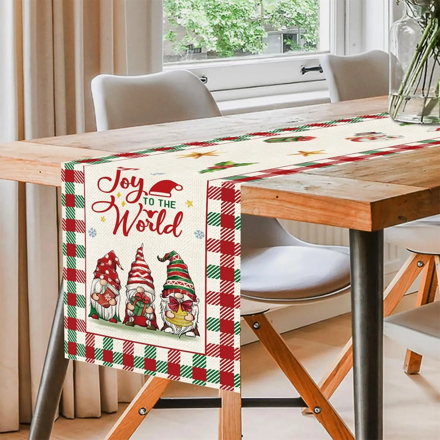 Christmas Gnomes Plaid Linen Table Runner Party Decor Reusable Winter Xmas Kitchen Dining Table Runner Christmas Decorations