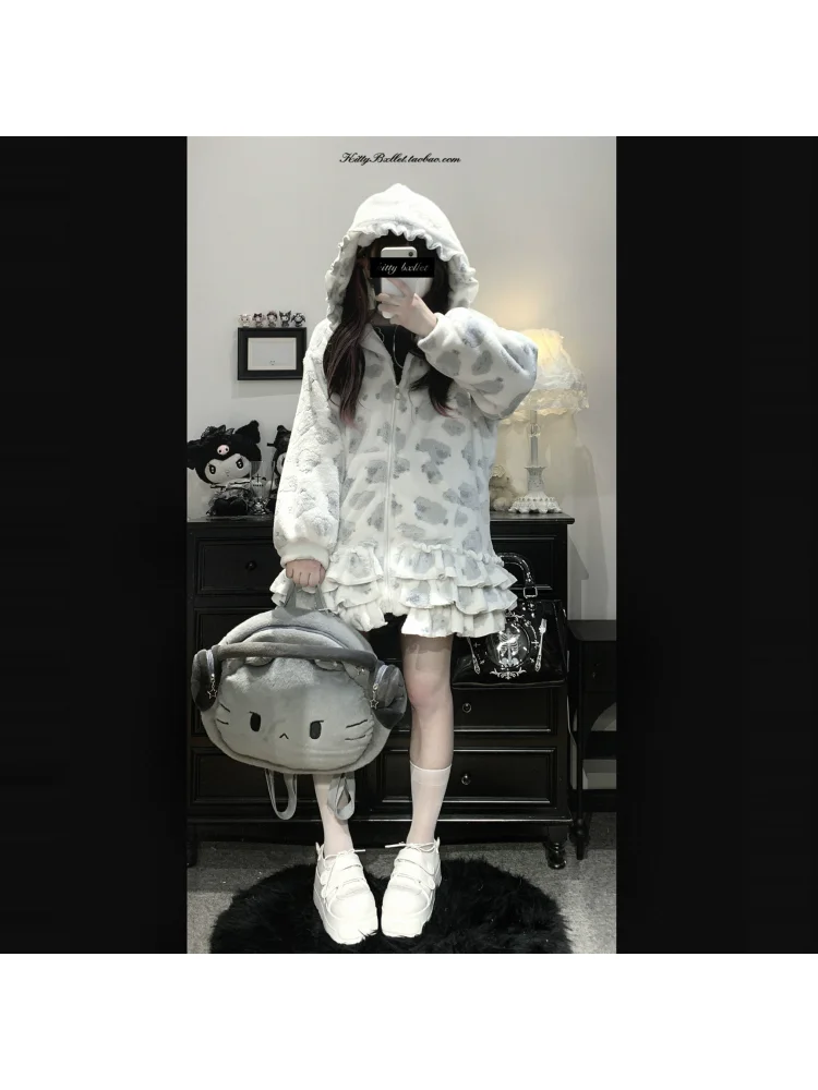 Original Sweet Lolita Girl Plush Dress Style Fake Two Piece Coat Cute Loli Student Campus Hooded Dress Coat