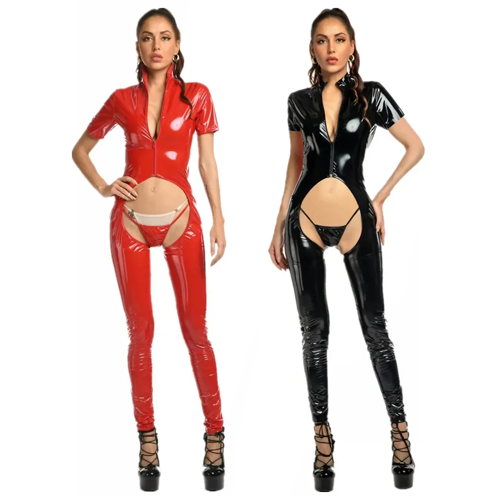 

Plus Size Women Sexy Shiny Leather Jumpsuit Crotchless Wetlook Latex Bodysuit Short Sleeve Bodycon Erotic Below Open Crotch