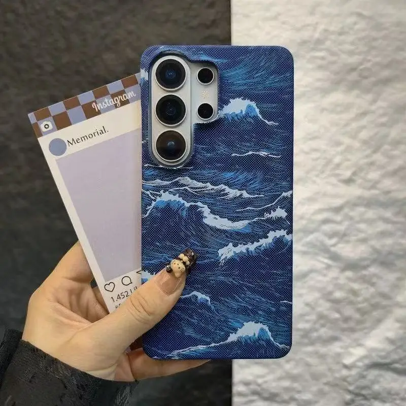Kevlar Texture Sea Wave Pattern Half-pack Phone Case For Samsung S26 Ultra S25 S24 S23 Plus Ultra Thin for Magsafe Charge Cover