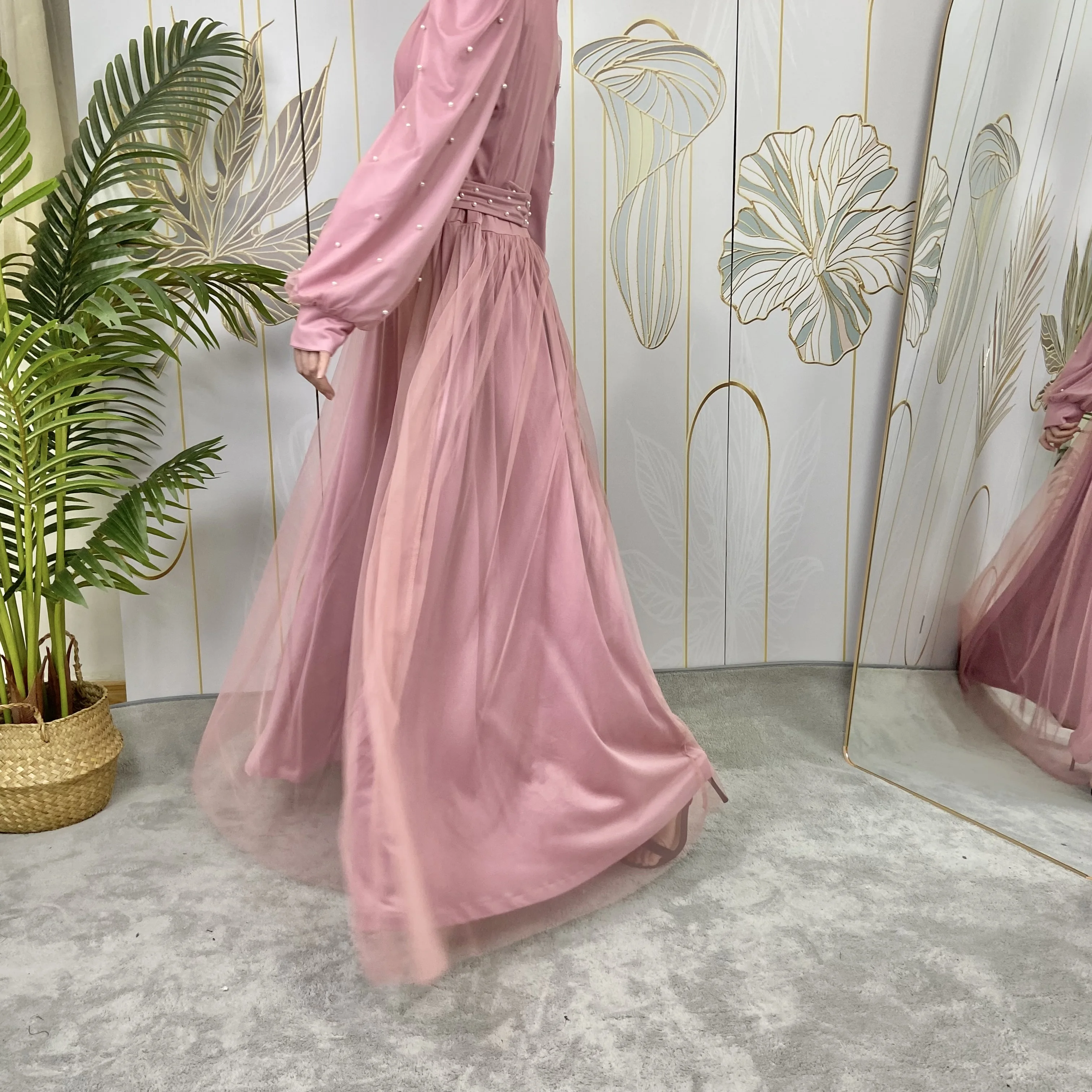 Middle East Türkiye Pink Women Modest Mesh splicing Muslim Clothing Fashion Beads Islamic Maxi Long Sleeve abaya Dress