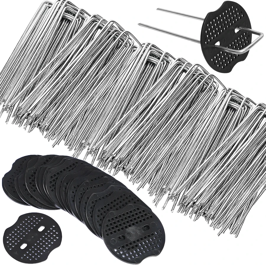 10pcs U-Shaped Garden Ground Stakes with 10pcs 3-Hole Round Washers Duty Turf Nails for Securing Weed Control Fabric Patio Tents