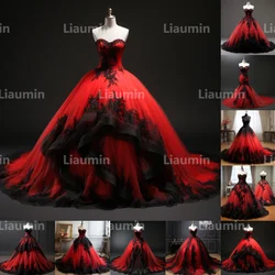 Red Tulle Black Applique Strapless Evening Dress Prom Gowns Floor Length Formal Princess Brithday Party Clothing Lace Up  A2-8