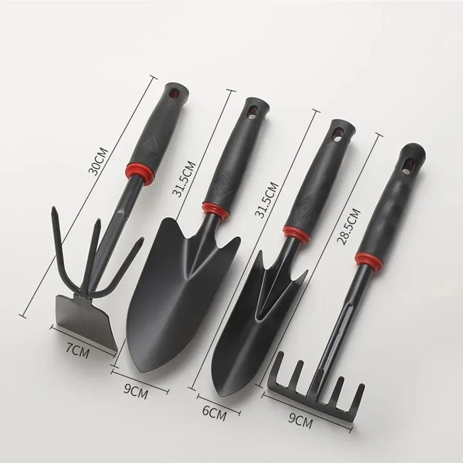 Черная резиновая ручка, грабли с пятью зубьями, садовый набор из четырех предметов, лопата для цветов, мотыга двойного назначения, садовый инструмент