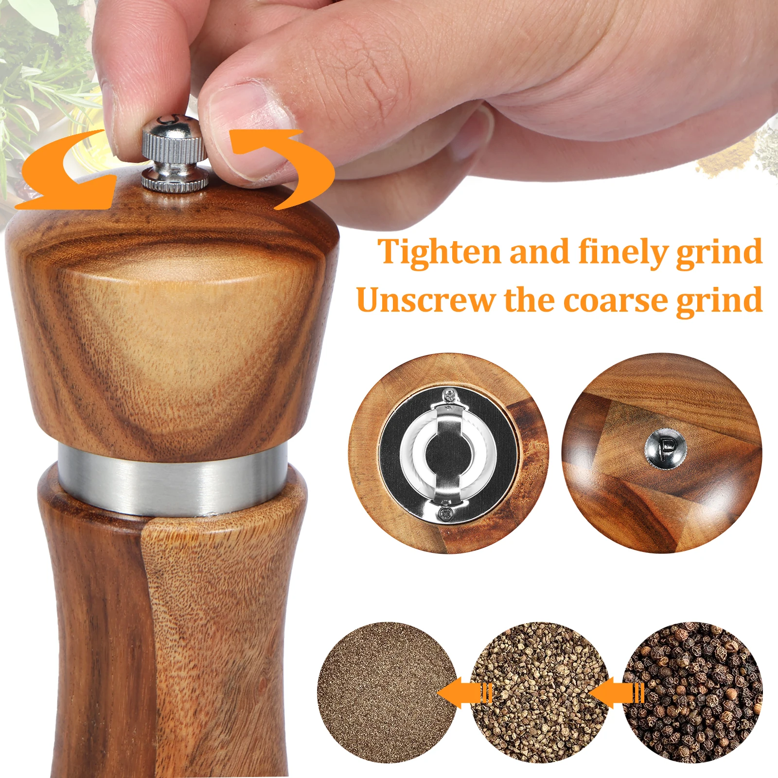 6/8Inches Salt and Pepper Grinder Sets Pepper Mill Manual Freshly Ground Seasoning Bottle Ceramic Core Solid Wood Pepper Grinder