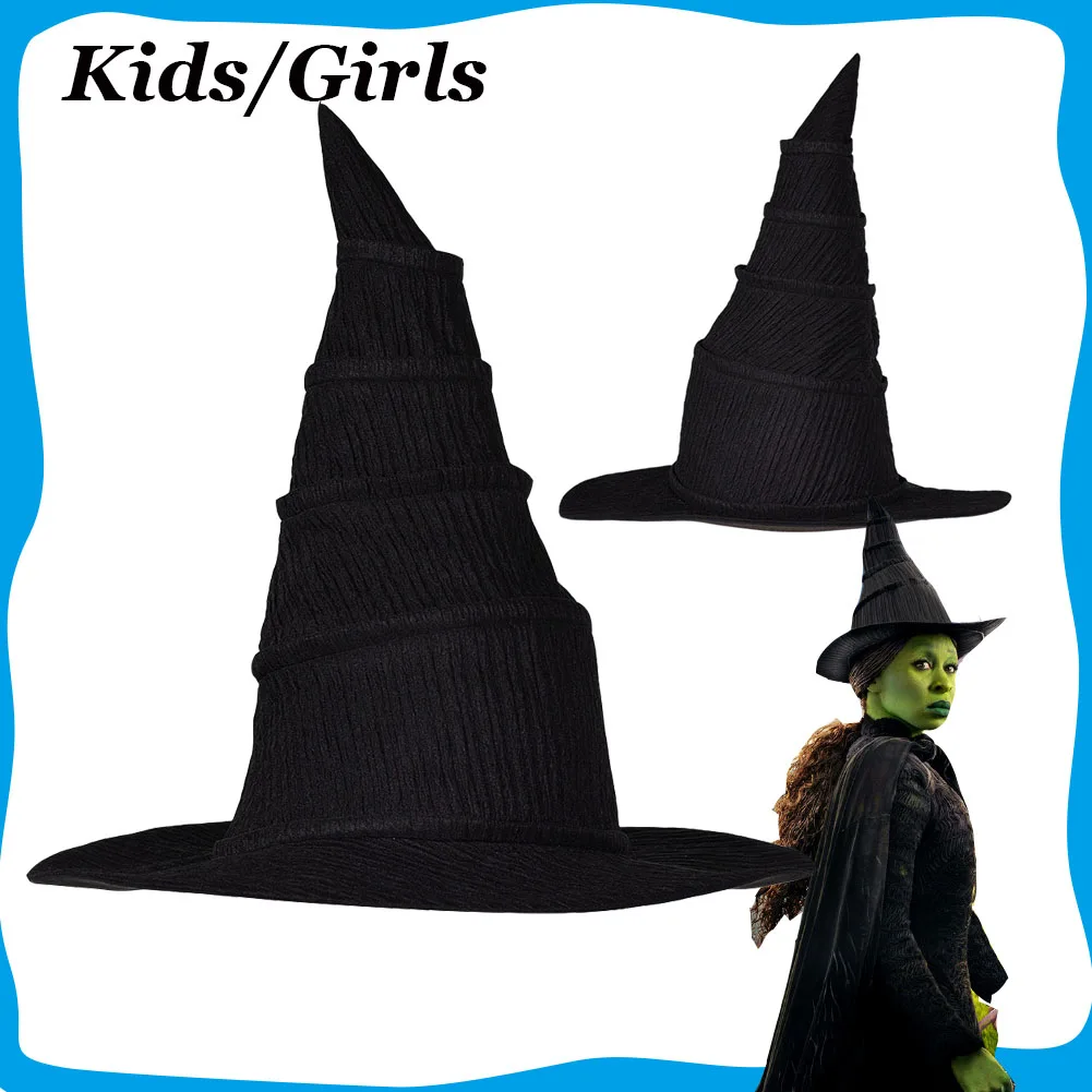 أطفال الأطفال Elphaba تأثيري قبعة الساحرة 2024 فيلم القبعات السوداء الشريرة قبعة زي اكسسوارات للفتيات هالوين كرنفال الدعائم