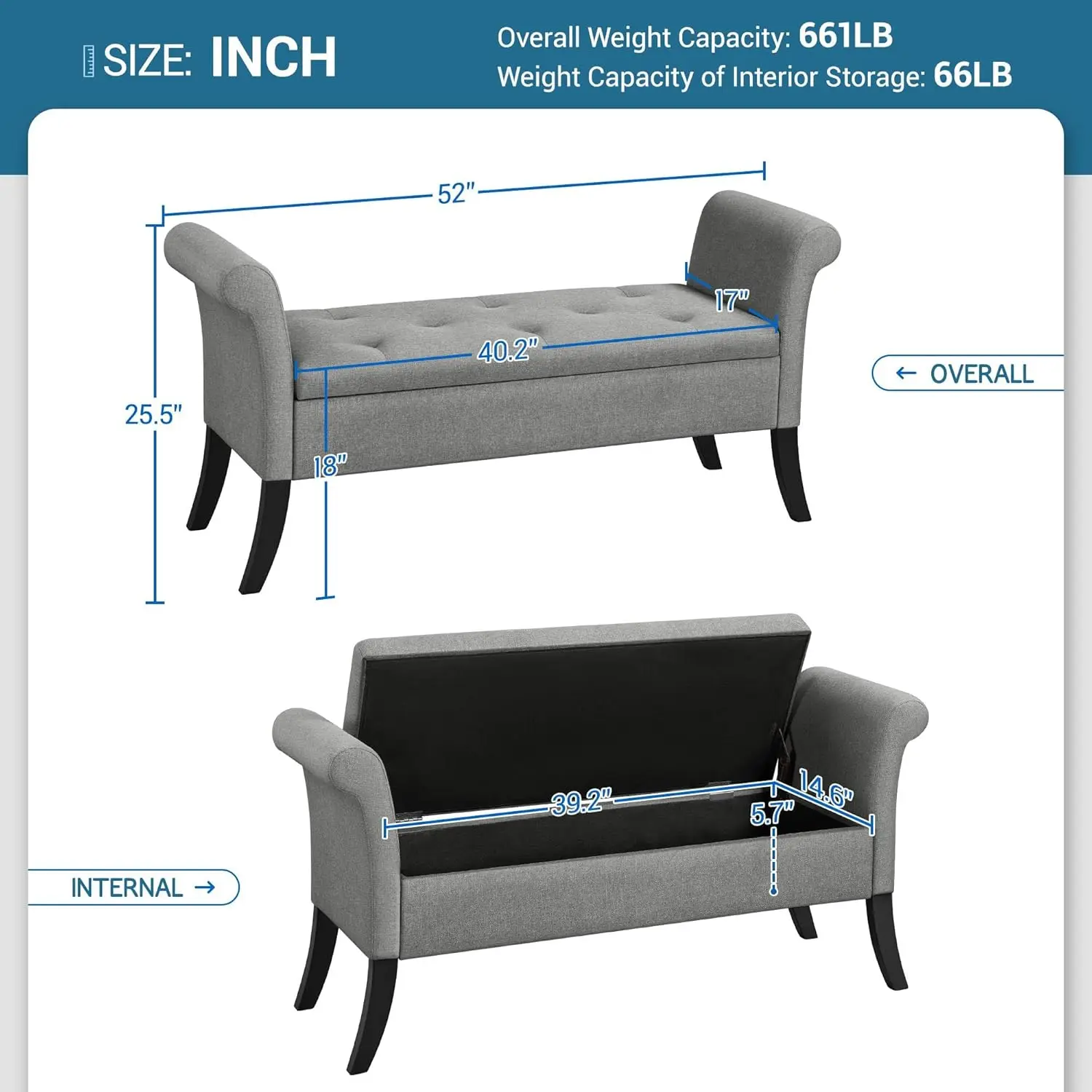 52in Ottoman Bench พับเก็บ Ottoman Bench Tufted ผ้า Entryway Bench แขนสตูลวางเท้าขนาดใหญ่เท้า S