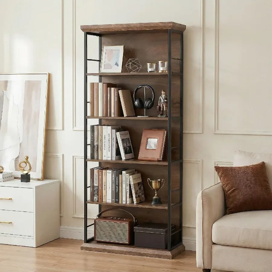 5-Tier Bookcase for Home Office, Living Room, Kitchen: Farmhouse Wooden Shelf in Brown, Free-Standing Display Storage, 72 Inche