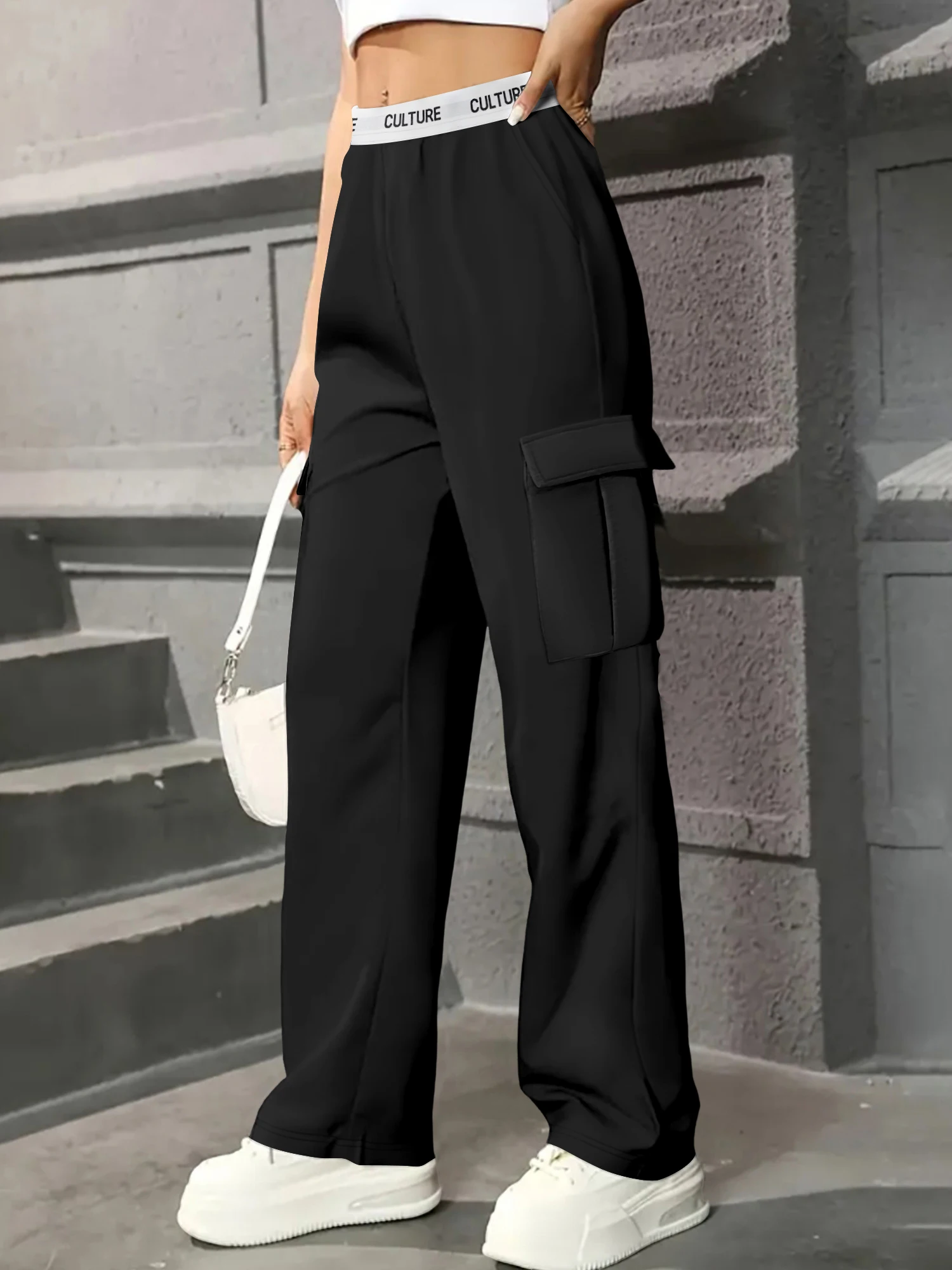 

Ретро-брюки карго с широкими штанинами для женщин, с высокой талией, с надписью на поясе, с множеством карманов, свободные, повседневные, уличный стиль