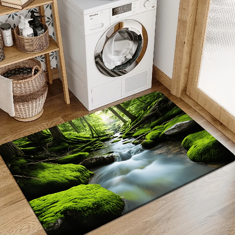 Product [Flannel + 0.39inch Thick Sponge Material] 1pc Forest Stream Moss Pattern Flannel Bath Mat – Soft, Machine Washable wi