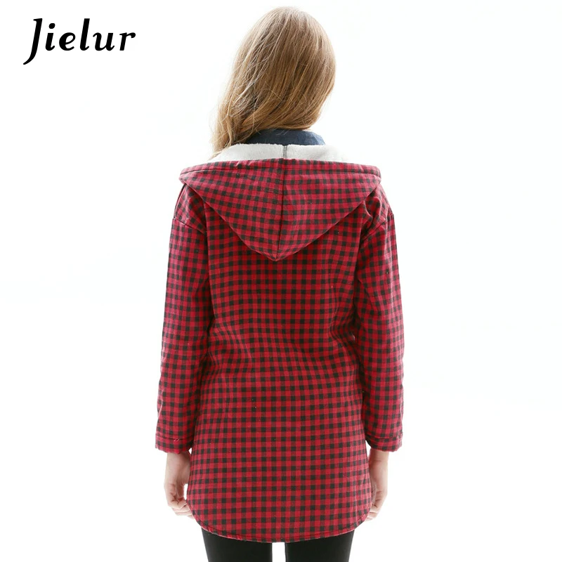 Winter Europe Fleece Women\'s Shirt Fashion Hooded Red Plaid Shirts M-3XL Size Casual Long-sleeved Tops Warm Blusas