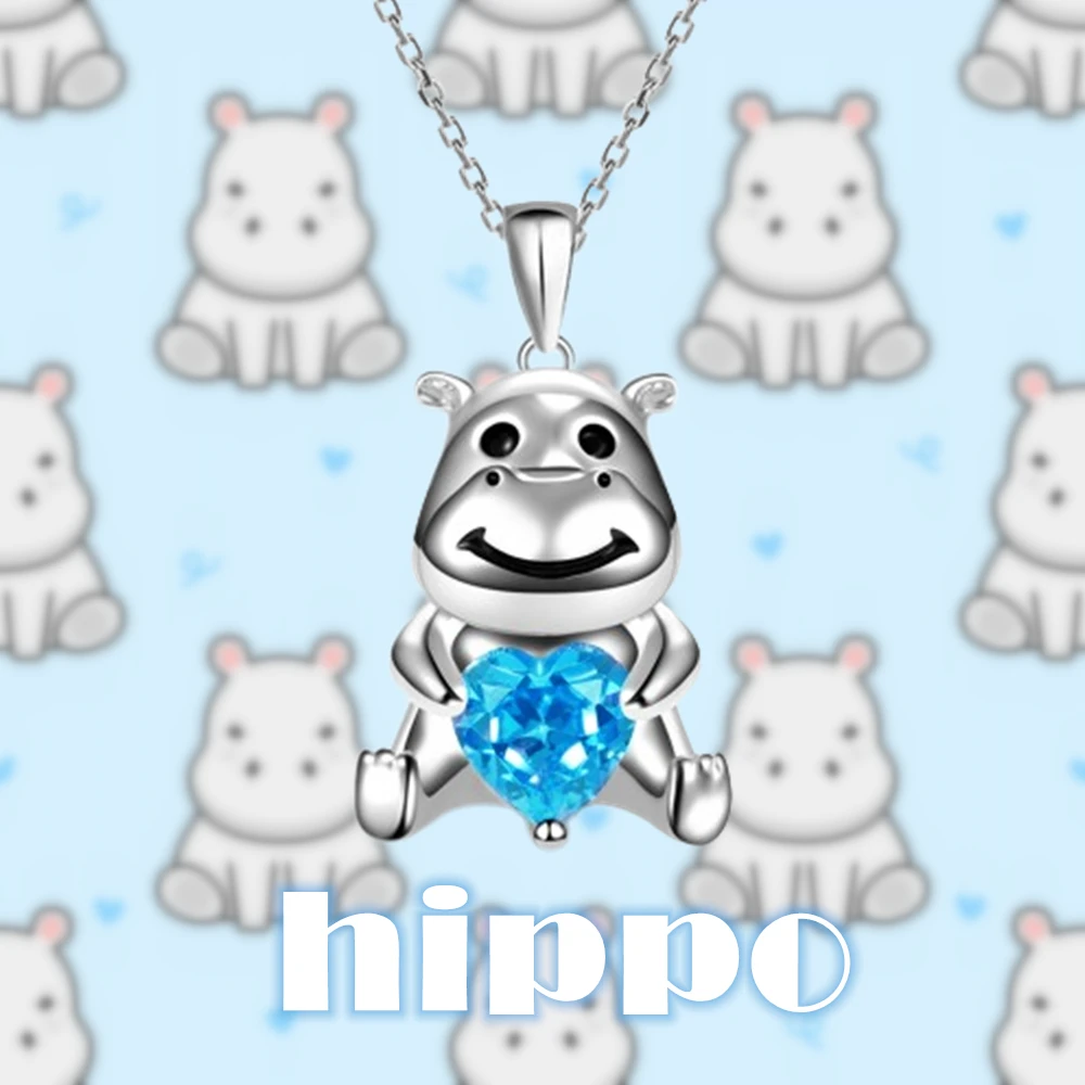 Cute Cartoon Hippo Heart Blue Crystal Pendant Necklace Delicate Women's Animal Jewelry Fashion Girls Birthday Accessories Gifts