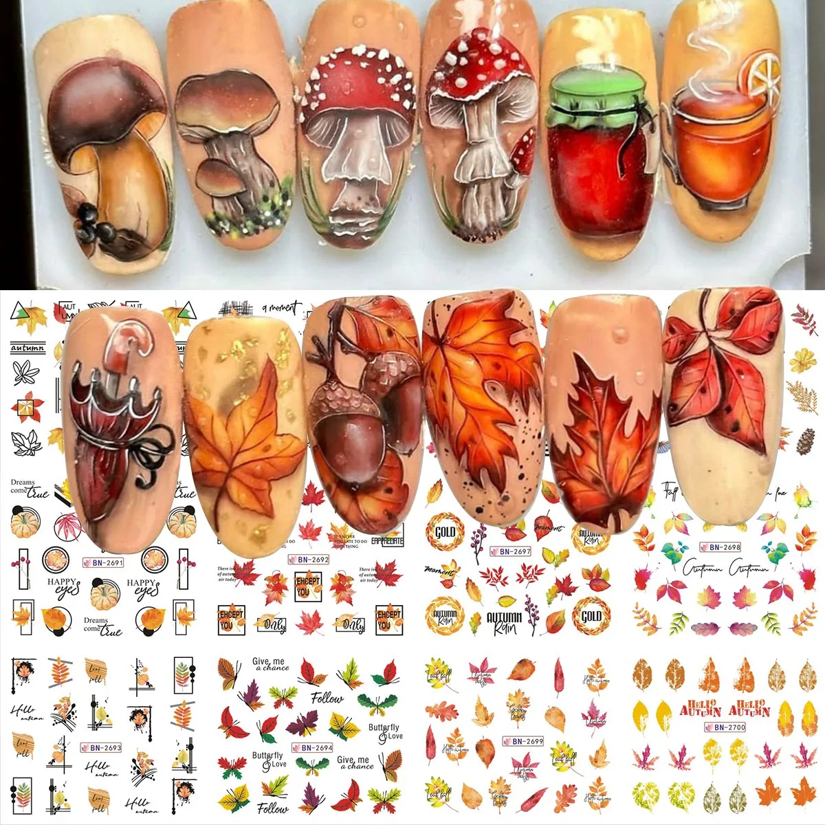 12 Designs Ahornblatt-Tannenzapfen-Wassertransfer-Nagelaufkleber, kleine Eichhörnchen, niedliche Cartoon-Wasserzeichen-Nagelsticker
