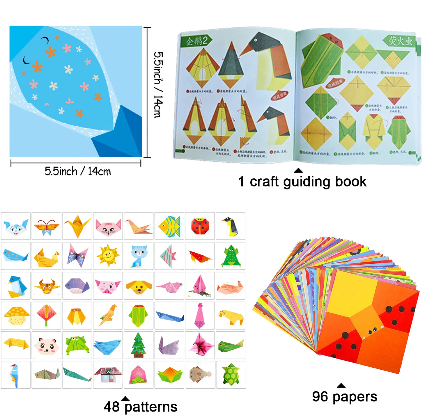 Kit Origami 30/96 Fogli Origami Carta Artigianale Guida Libro Progetti di Arte Artigianato Fai da Te Forniture per Principianti Bambini Bambini Ragazzi Ragazze