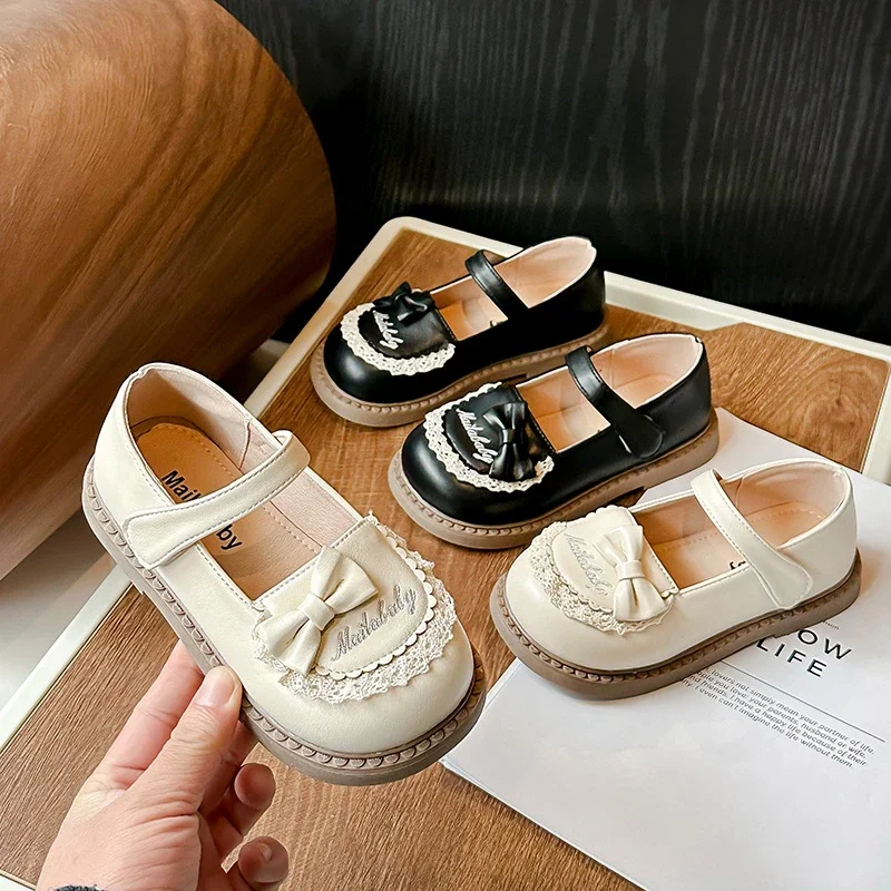 

Girls Flat Shoes Soild Color Kids Leather Shoes Sweet Lace 2026 New Fashion Children Princess Shoes Soft Sole Round Toes Cute