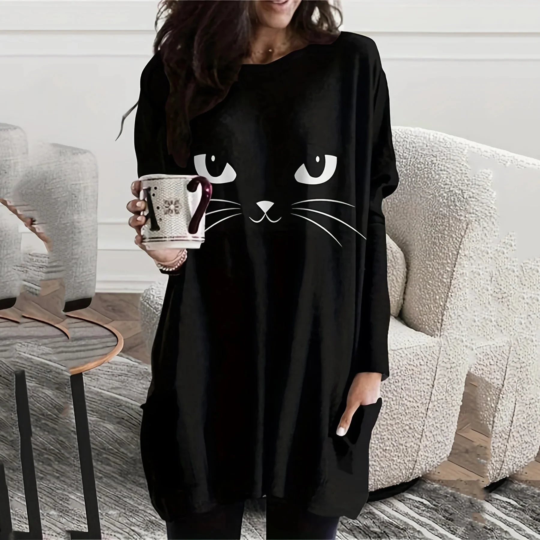 Spring Women Mid Length Sweatshirt Dress Soft Kitty Print Loose Round Neck Long Sleeve T-shirt Pocket Casual Loose Pullover Top