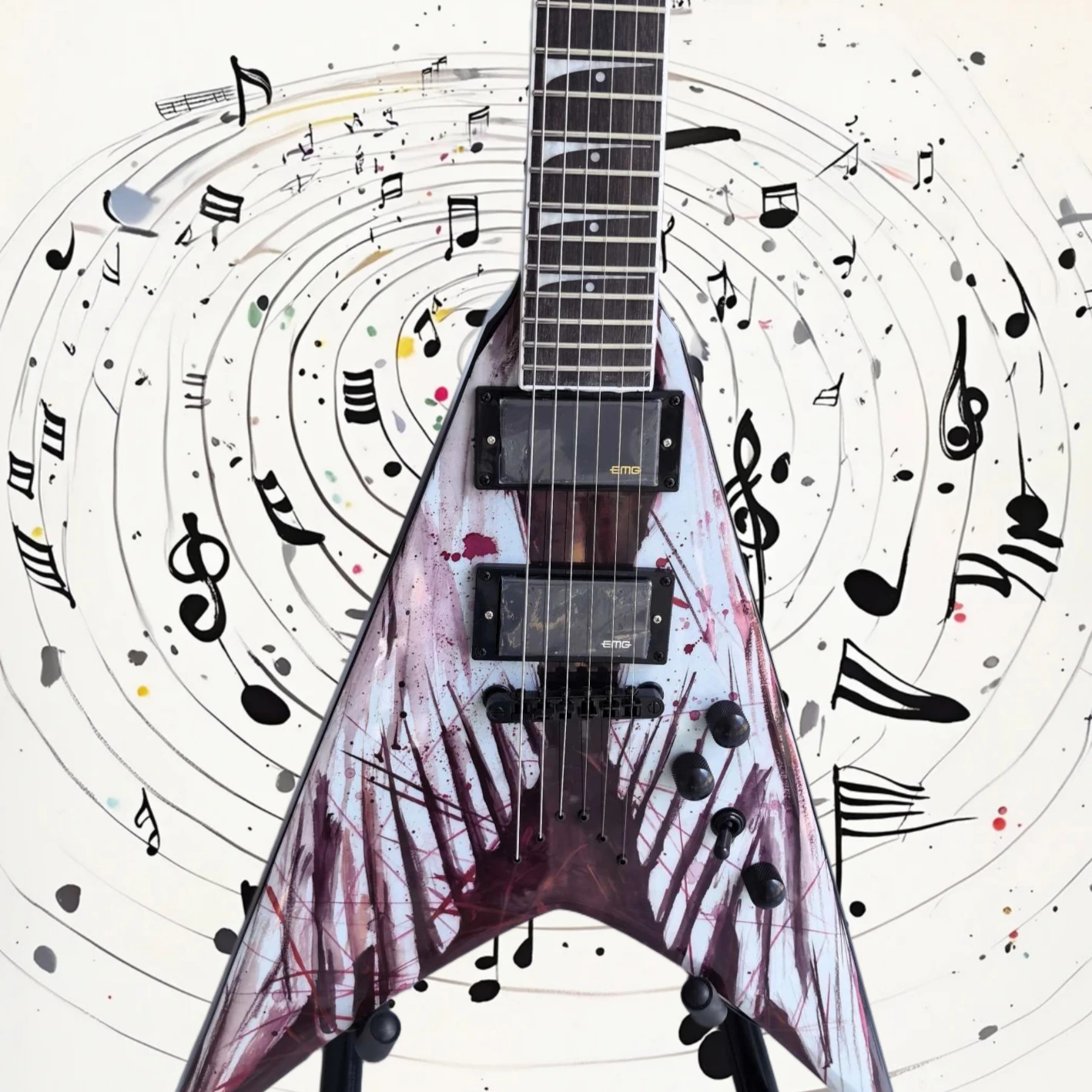 Free Shipping V Shape Electric Guitar Splatter Art Print 6 String HH Pickups Triangle Body Heavy Metal Live Show Collection Gift