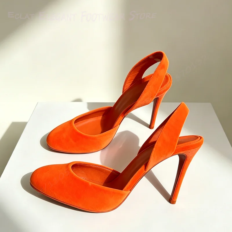 Bright Orange Suede Slingback Sandals Round Women Colorful Pumps Fuchsia Red Stiletto Heels Purple Elastic Pink Cute Shoes Girls - view 3