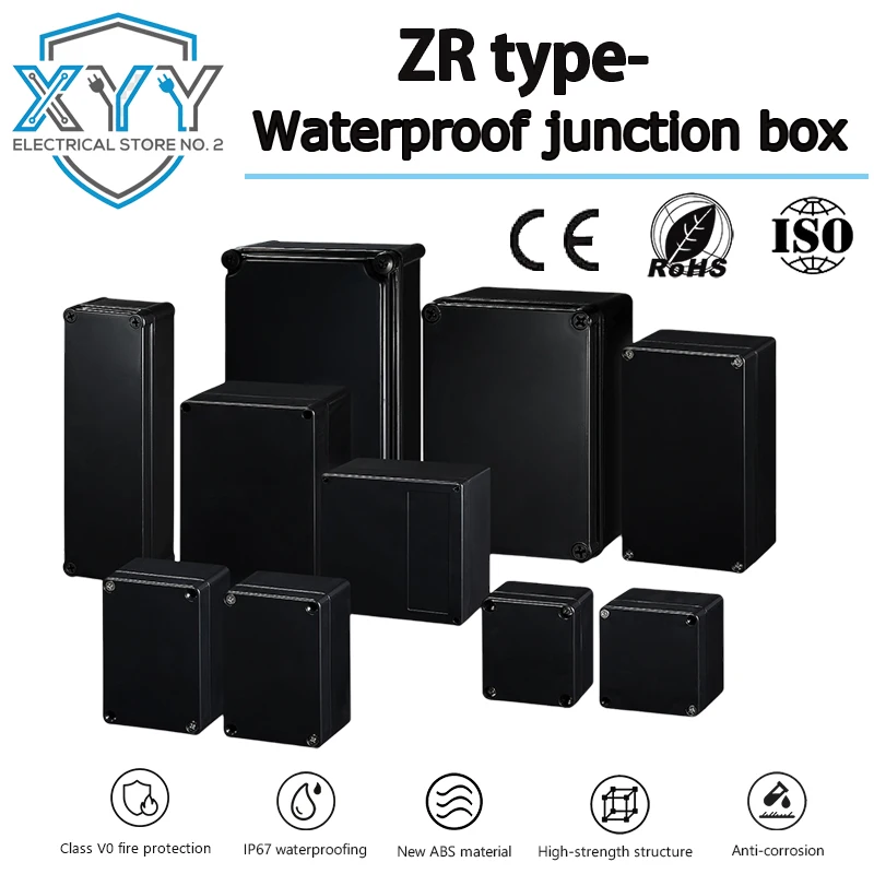 IP66 Waterproof, V0 Flame-Retardant Black Plastic Waterproof Junction Box for Outdoor Power Supply and Sealed Instrument Box